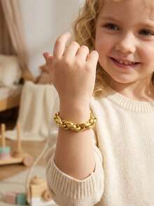 1pc Fashionable Gold Stainless Steel Double Buckle Bracelet, Children Wristband Accessory, Street Hip Hop Punk Style - Gold - View 1