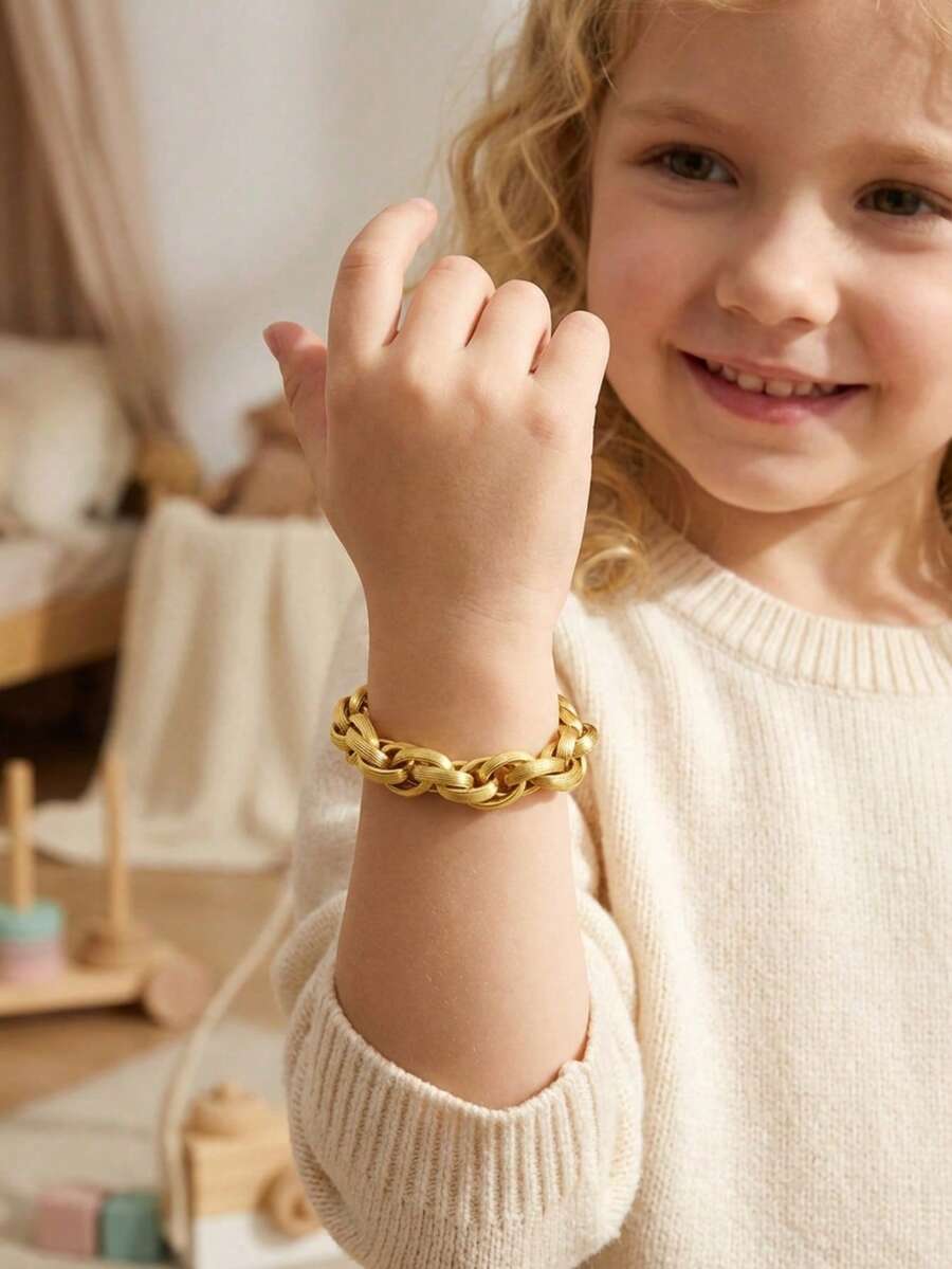 1pc Fashionable Gold Stainless Steel Double Buckle Bracelet, Children Wristband Accessory, Street Hip Hop Punk Style - Gold - View 1
