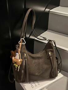 新款女士手提包，大容量通勤小众设计单肩包，休闲百搭简约时尚斜挎包，舒适PU材质，纯色设计，拉链闭合，可调节长肩带，多功能大容量背包，线上热门带吊坠手提包 - 咖啡 - 查看 4