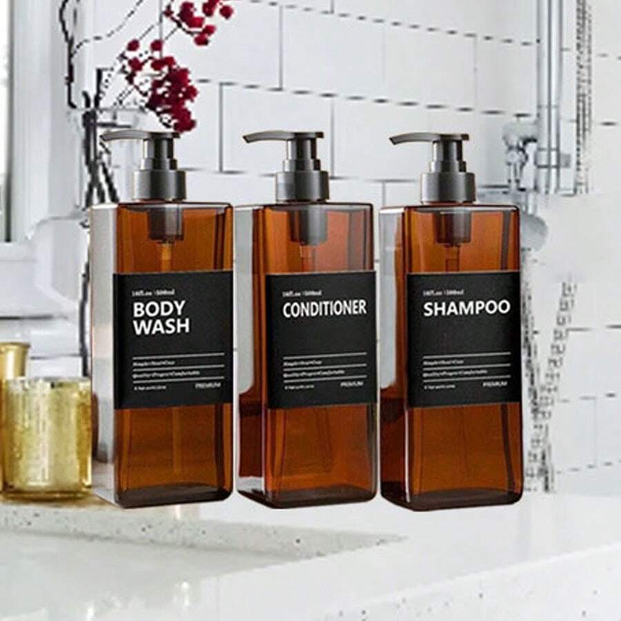 3pcs 500ml/16.9oz Refillable Plastic Pump Bottles, Includes Labels, Reusable For Shampoo, Body Wash, Cosmetics, Bathroom Shower Containers