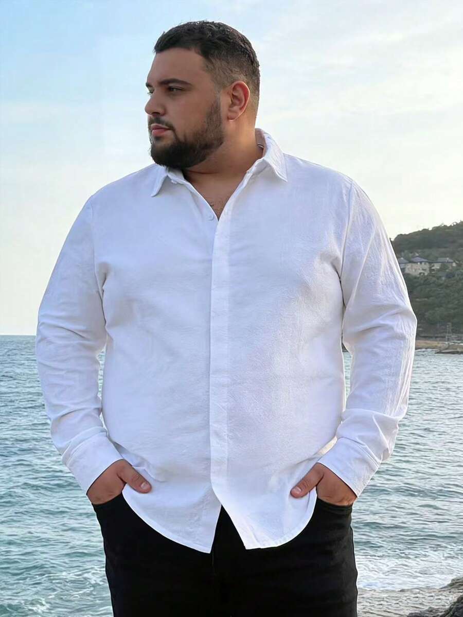 Camisa casual de unicolor para hombre de talla grande, camisa de ocio de cuello clásico con botones ocultos de moda para talla grande - Blanco - Ver 1