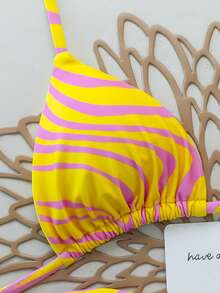 两件套女士全身印花性感交叉露背比基尼泳衣，适合海滩、度假村、舞台表演和音乐会、夏季假期穿着。 - 黃色 - 查看 3