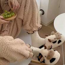 Soft And Cute Girly Cow-Toe Cotton Slippers For Winter Fashion Girls Home Warm Plush Shoes - 黑與白 - 查看 7