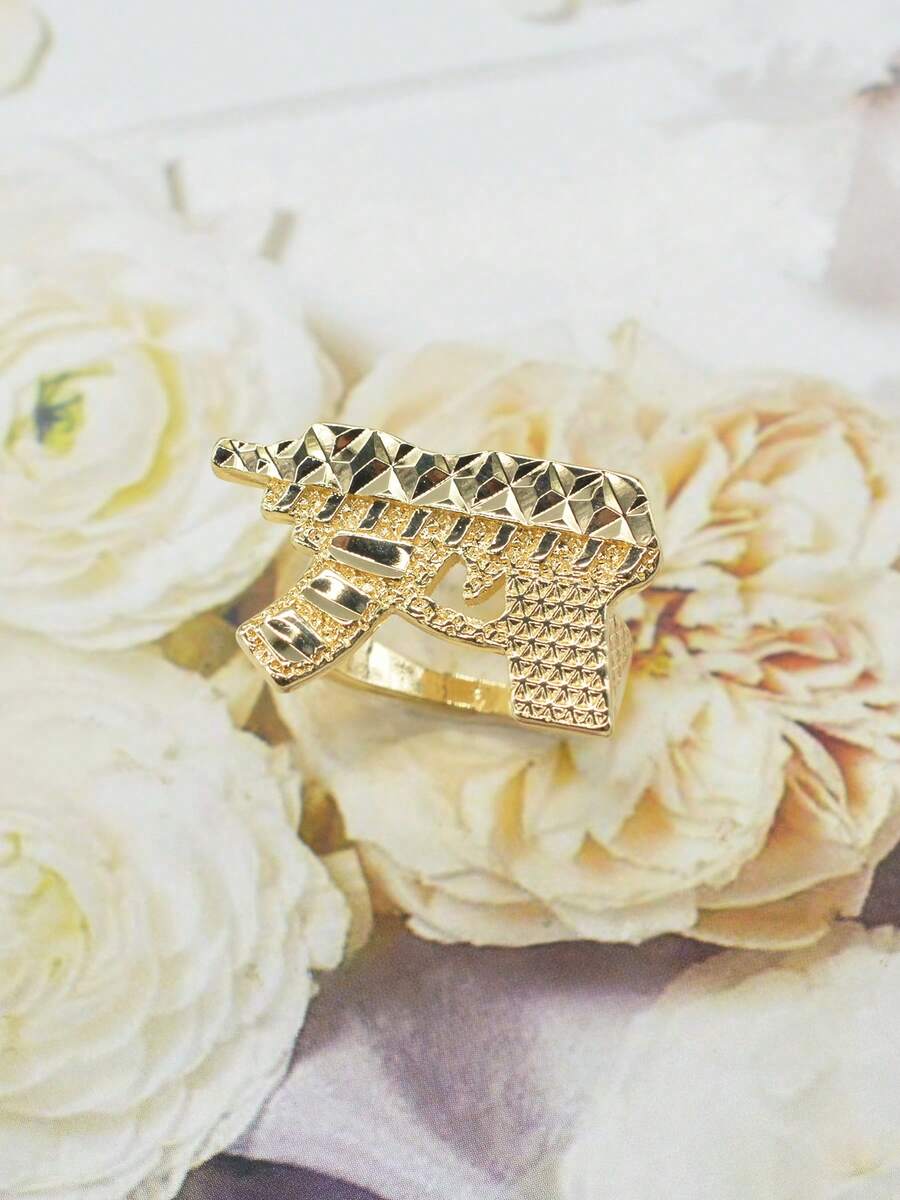 1pc Hip Hop Punk Style Gold Brick Gun Ring, Suitable For Daily Wear, Parties, Festivals. Best Gift For Boyfriend On Valentine's Day/Easter - Gold - View 1