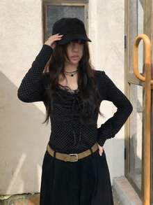 Women's Polka Dot Lace Patchwork Twist Design Fashionable Versatile Commuting Long Sleeve T-Shirt