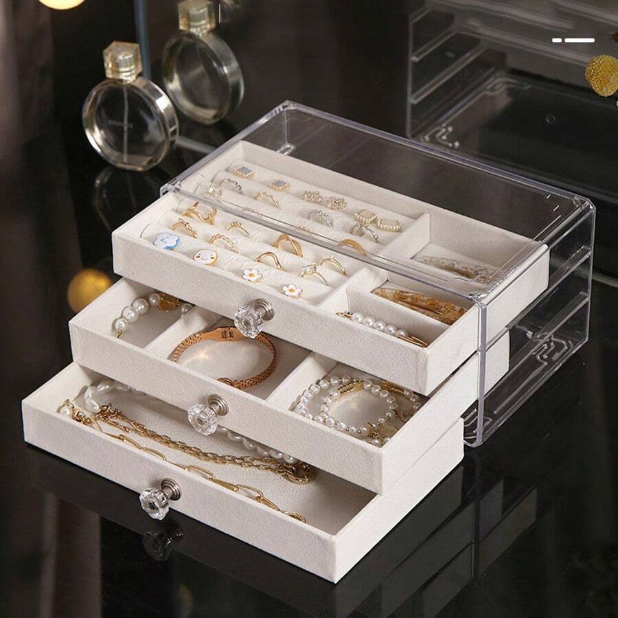 1pc 3-Layer Jewelry Box With Velvet Lining, Transparent Drawer Storage For Necklaces, Bracelets, Rings, Earrings , Makeup Room Decor - Multicolor - View 1