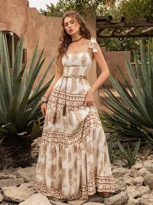 优雅方领长裙：飘逸的多层荷叶边裙摆，饰以精致刺绣图案，配有腰带，无袖设计，柔美A字廓形——完美适用于花园婚礼、新娘写真、浪漫周年庆典、正式花园派对和私奔。 - 米色 - 查看 3