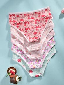 Paquete de 5 bragas de mujer con estampados lindos de Aesletic, como fresa, conejo y otros patrones adorables, con diseño de moño, de tela suave, para uso diario - Multicolor - Ver 2