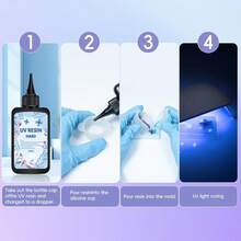 UV树脂300克 - 晶莹剔透、坚硬透明、快速固化的太阳能活化树脂套装，透明、低气味UV树脂，适用于工艺装饰（100克*3） - 淺藍色 - 查看 7