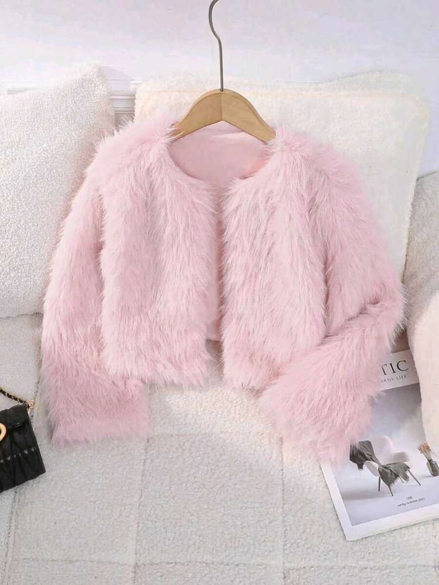 Girls' Pink Faux Fur Long Sleeve Jacket, Fashion Autumn/Winter Faux Fur Coat For Girls - Baby Pink - View 1