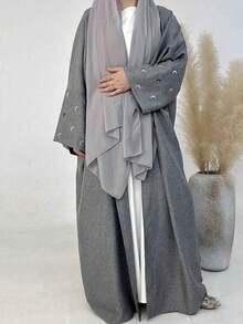 1 chiếc áo khoác Abaya tay dài thêu họa tiết trăng thanh lịch dành cho nữ, kiểu dáng cổ điển Ả Rập, thích hợp mặc hàng ngày, dự tiệc, nghỉ lễ mùa xuân. - Xám - Xem 1