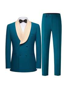 Men's Suit Shawl Lapel Double-Breasted Blazer & Pant Set - Formal 2-Piece Tuxedo With Wafer Knit Texture For Weddings & Black Tie Events - Màu xanh bạc hà - Xem 8