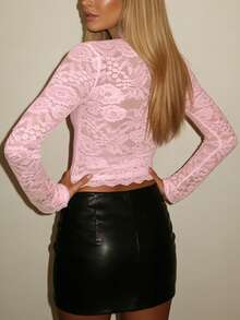 Women's Solid Color Lace Patchwork Long Sleeve Cropped T-Shirt, Fitted Sexy For Party Clubwear Pink Summer - Pink - View 3