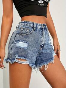 Shorts vaqueros de mujer con dobladillo deshilachado y agujeros rasgados, cierre de botón versátil de moda, jeans ajustados sin estiramiento, casuales - Azul - Ver 3