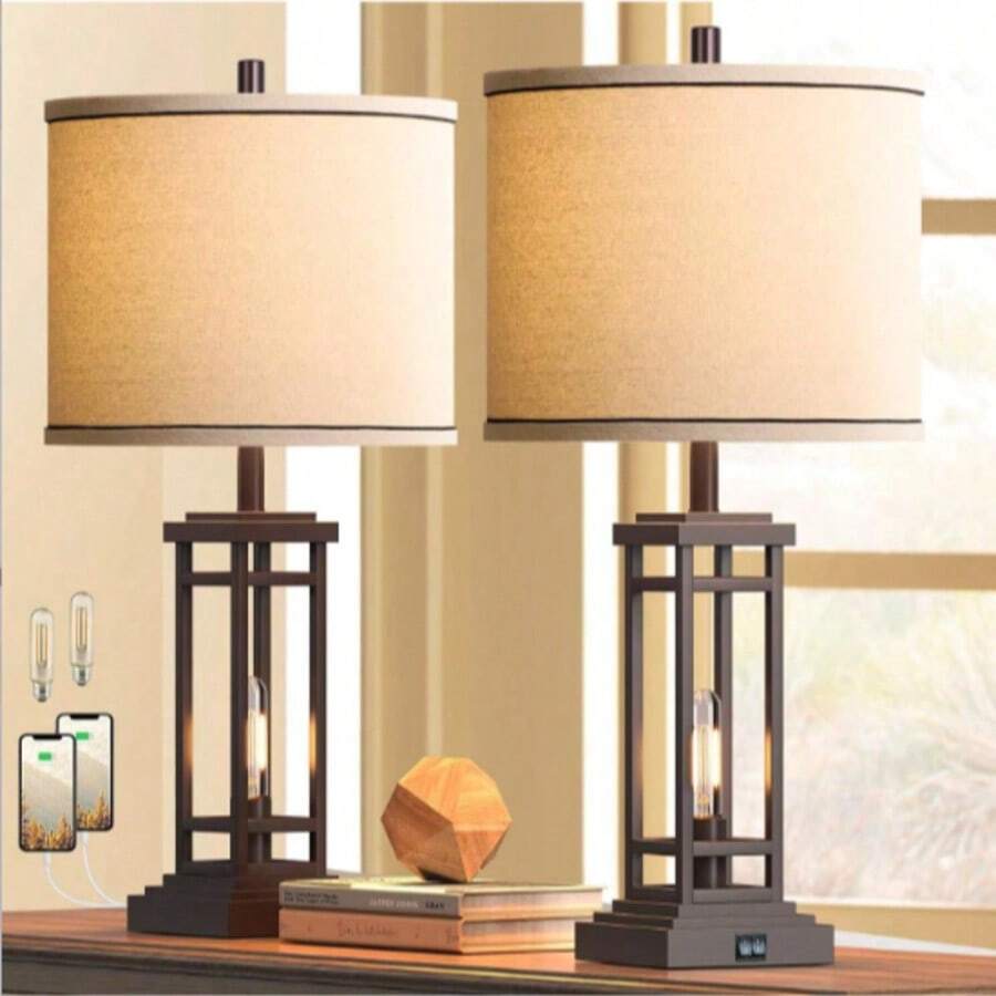 27.5 Tall Farmhouse Table Lamps With USB C + USB A Charge Ports, Rustic Living Room Lamps Set Of 2, Black Industrial End Table Lamp For Bedroom Living Room Nightstand,Room Deocr,Bedroom Furniture,Home Deocr Living Room - 查看 1