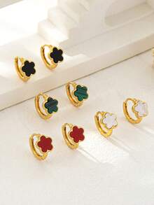 4对/套四叶草耳环，经典简约设计，百搭甜美精致，高品质通勤及日常配饰，红色新年版多巴胺耳环套装 - 彩色 - 查看 4