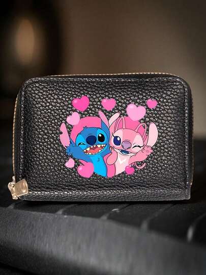 1pc Cute Stitch Printed Mini Wallet Card Holder, Adorable Cartoon Design Card Case, Zipper Closure, Multi-Functional Credit Card Slot, Cute Wallet, Daily Accessory, Fun Accessory, Durable, Compact And Portable