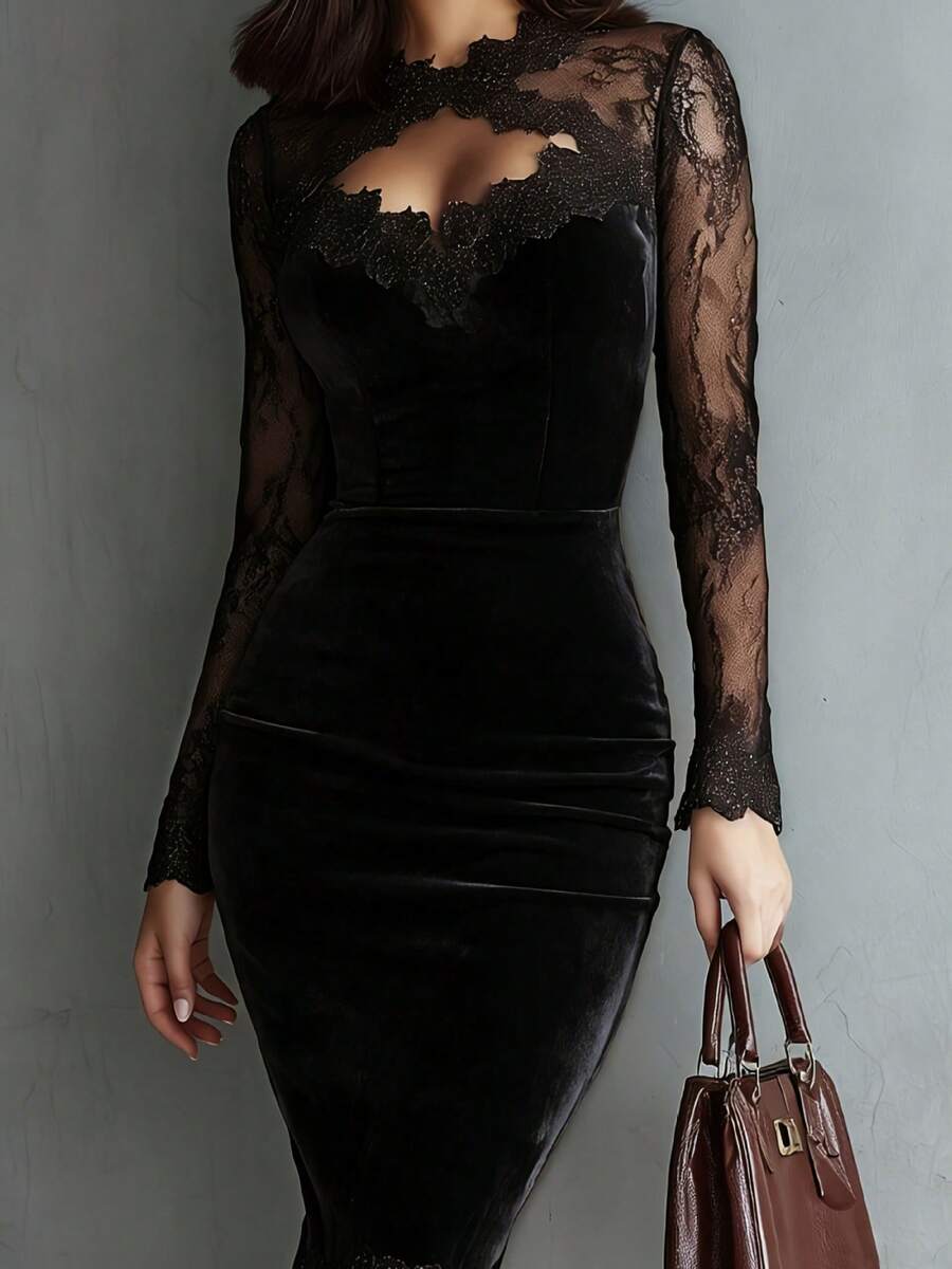 Womens Long Sleeve Sheer Lace Cutout Neck Velvet Bodycon Mini Dress - Black - View 1