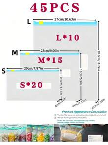 45 st matförvaringspåsar, fryspåsar, återanvändbara förseglingspåsar, lämpliga för frukt, grönsaker, spannmål och kött | Perfekt för köksorganisation och matkonservering, matförvaringslösning | Lufttät försegling - 10/15/20/45 st - Multifärgad - Visa 16