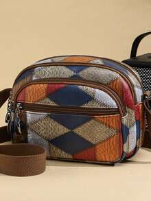 1pc Women's Square PU Leather Bag With Adjustable Shoulder Strap, Scratch-Resistant And Durable, Fits Passport, Cash, ID, Credit Cards, Lightweight And Portable, Suitable For Commuting/Shopping And Daily Use, Fashionable Color Blocking Design. - Multicolor - View 1