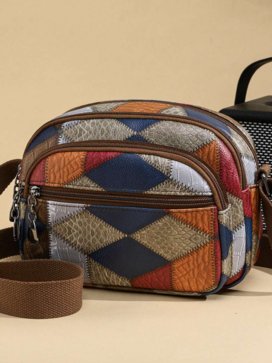 1pc Women's Square PU Leather Bag With Adjustable Shoulder Strap, Scratch-Resistant And Durable, Fits Passport, Cash, ID, Credit Cards, Lightweight And Portable, Suitable For Commuting/Shopping And Daily Use, Fashionable Color Blocking Design. - Multicolor - View 1