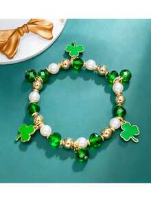 2pcs St. Patrick's Day Irish Festival Green Four-Leaf Clover Lucky Bracelet - Fresh And Cute Green Bracelet Suitable For Party Or Daily Wear - Unisex - Green - View 5