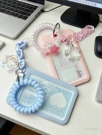 透明粉色星星吊坠钥匙扣卡套/照片夹，耐用透明证件卡套，亚克力马卡龙色装饰链钥匙扣DIY吊坠，果冻色弹力手机绳发圈，带可拆卸滑动盖、钥匙圈和可拆卸挂绳/吊坠，带证件窗口和卡槽