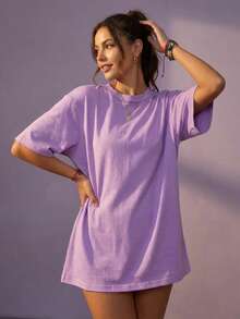 Women's Loose Long Solid Color Round Neck Short Sleeve T-Shirt, Minimalist, Suitable For Spring/Summer Everyday Wear Casual - Lilac Purple - View 6