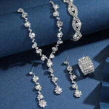 Conjunto com 2 Peças de Bijuteria Elegante ,Brincos, Colar, Pulseira e Anel ,Cristal & Strass Brilhante - Prata - Visão 6