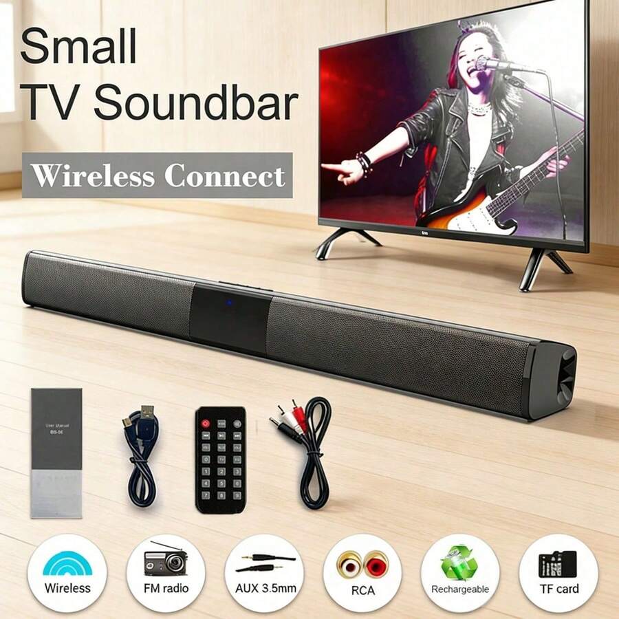 Soundbar With Wireless Subwoofer, 4-Speaker Surround Sound System, Stereo Sound System, Wireless Subwoofer, TV Soundbar, Home Theater Speakers, Remote Control, Wireless Audio, Easy To Set Up, TV Sound Enhancement. A Remote Control Data Cable Is Included For Delivery. - Black - View 1