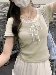 新款修身對比色 2 合 1 甜美短袖 T-shirt 上衣 休閒夏季款 - 杏色 - 查看 7