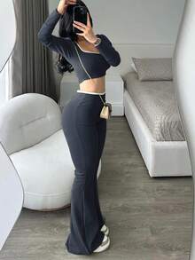 Women's Sexy & Comfortable Low Waist Elastic Cropped Long Sleeve Top And Flared Leg Pants Slimming Set - Deep Sea Blue - View 1