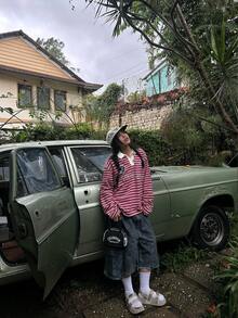 女士条纹数码印花长袖Polo衫，针织面料，宽松舒适休闲学院风春季款 - 紅色 - 查看 6