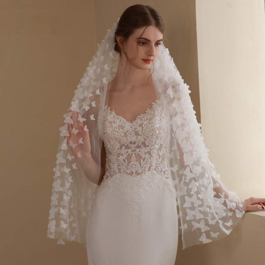 1pc Butterfly Style Ethereal Bridal Veil, Suitable For Wedding Photography - White - View 1