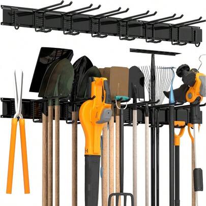 Storaboks Heavy Duty Garage Storage Rack System, Wall Mounted Tool Organizer With 8 Double Hooks, 3 Rails, Garden Yard Tools Hanger For Ski Gears, Broom, Rake, Shovel