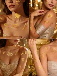 2张闪光箔金婚礼临时纹身贴纸 - 钻石心形戒指字母星星设计，适合情侣订婚派对，Y2K风格 - 金色 - 查看 2