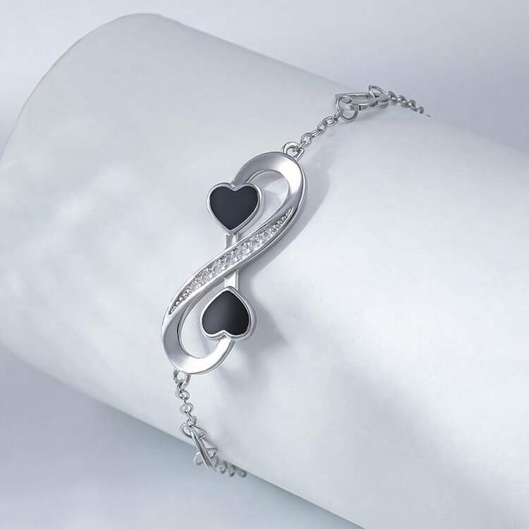 925 Silver Hollow Infinite Love Heart Zirconia Inlaid Women's Bracelet, Elegant & Sweet Gift For Valentine's Day, Daily Wear, Party, Family & Friends, Birthday - Silver - View 2