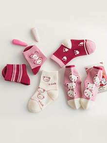 5 Pairs Girls' Cartoon Cute Mid-Calf Socks, Pink Bear Pattern Mid-Calf Socks For Girls, Suitable For School Season - Multicolor - View 8