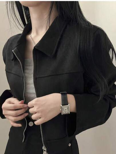 Women's Solid Color Turndown Collar Zip-Up Long Sleeve Jacket, Suitable For Daily, School, And Airport Outfits, Spring/Autumn Black