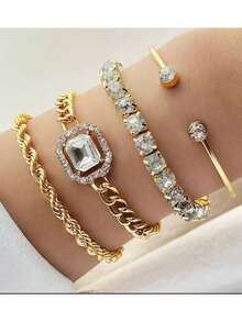 4pcs Set Of Punk Style Exaggerated Braided Rhinestone & Zirconia Bracelets