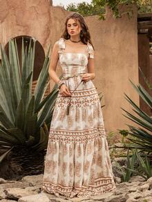 优雅方领长裙：飘逸的多层荷叶边裙摆，饰以精致刺绣图案，配有腰带，无袖设计，柔美A字廓形——完美适用于花园婚礼、新娘写真、浪漫周年庆典、正式花园派对和私奔。 - 米色 - 查看 8