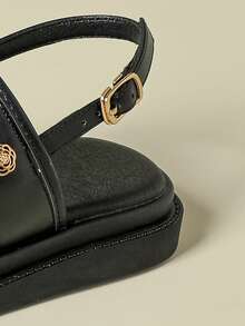 厚底女士搭扣凉鞋，撞色复古度假波西米亚风露趾设计，舒适坡跟平底鞋，适合春季、夏季、海滩、连衣裙、休闲穿着 - 黑色 - 查看 8