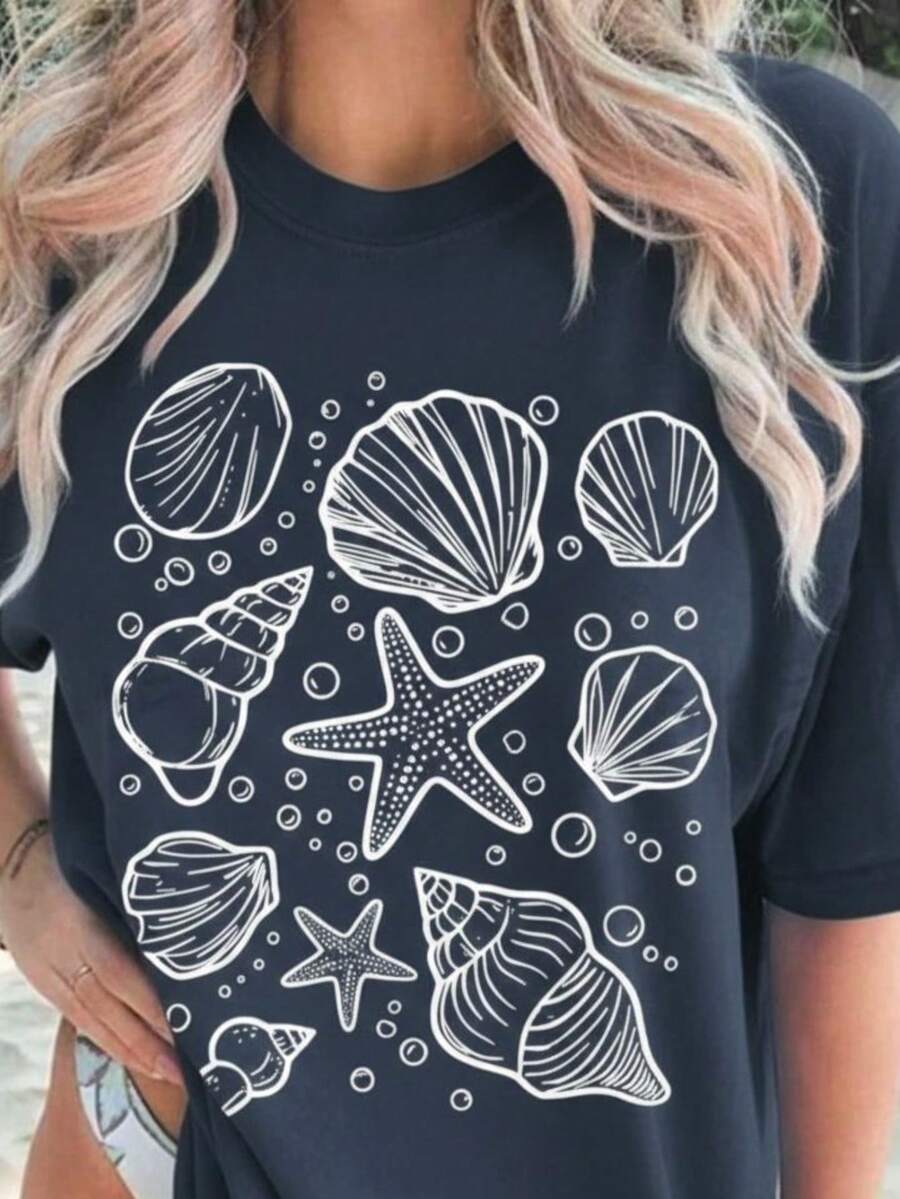 Women's T-Shirt With Shell Print - Navy Blue - View 1
