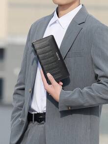 Men Long Zipper Wallet Black Pebble Grain Leather - Gold Zipper Wrist Strap HOVI'S Multi-Layer Layout Large Capacity Phone Holder New Year Gift Valentine's Day Gift