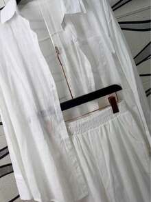 Linen Shirt And Pants Set (2 Pieces), Lined With Elastic. - trắng - Xem 2