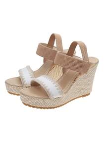 Sandalias de cuña con plataforma para mujer, suela gruesa, tallas grandes europeas y americanas, sandalias de plataforma y tacón alto de cuerda, estilo casual de verano adecuado para la playa, vacaciones y actividades al aire libre, diseño sencillo - Caqui - Ver 3