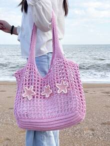 2026 Fashion Spring/Summer Women's Retro Vacation Style Beach Bag, Hand-Woven Shoulder Strap Crochet Large Capacity Bag, Foldable, Hollow Out Elegant Women's Tote Bag, Travel Essential, Suitable For Dating, Outings, Shopping, Vacation Must-Have, Cruise Essential, Perfect As A Mother's Day Gift, Valentine's Day Gift, Or Teacher's Day Gift. - Multicolor - View 4