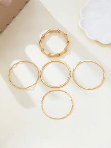 5pcs Minimalist Alloy Bamboo Knot Rhinestone Inlaid Multi-Layer Thin Bangle Bracelet Set, Versatile Stacking - Yellow Gold - View 5