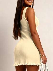 Women's Fashionable Elegant Casual Minimalist Commute Daily Pale Yellow Solid Ruffle Armpit Stripe Square Neck Sleeveless Slip Dress, Spring/Summer - Apricot - View 6