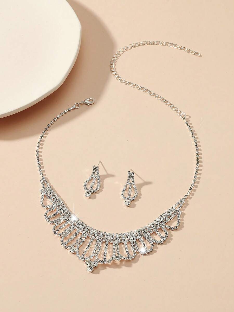 1 Set Of 3: Luxury Rhinestone Adjustable Necklace, Minimalist Rhinestone Pendant Earrings, Suitable For Wedding, Bridal Photo Shoot, Bridesmaid, Prom, Valentine's Day, Mother's Day, Daily Wear, Fashionable And Elegant Wedding Jewelry - Multicolor - View 1